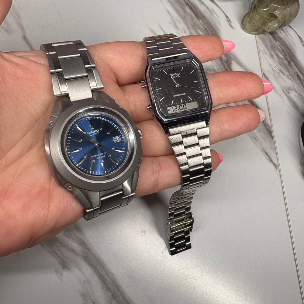 Casio Stainless Steel Watch Pair - Blue & Black Faces